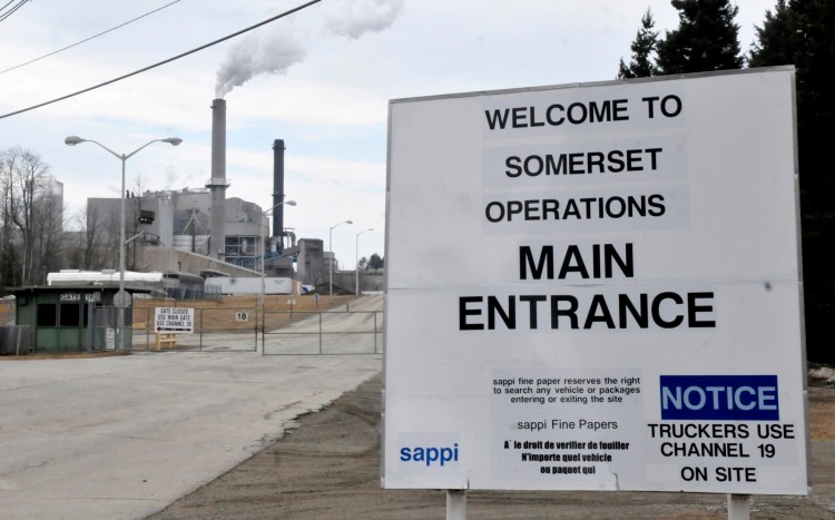 The entrance to the Sappi mill in Skowhegan is seen March 9, 2016. A spokesperson for the mill disputes the suggestion that it has played a role in the pollution of wells in Fairfield. 
