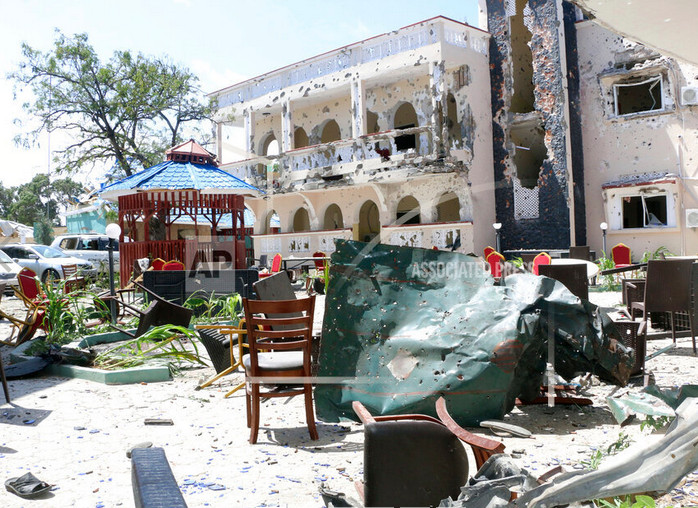 A view Saturday of Asasey Hotel after Friday's attack in Kismayo, Somalia.