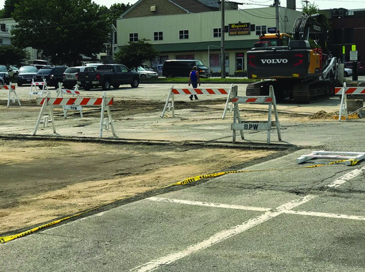 The Franklin Street parking lot in downtown Biddeford under construction as it is being reconfigured to make it less confusing.