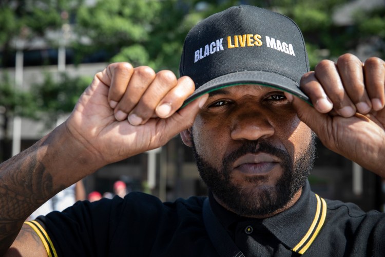 Edwin Arthur of Los Angeles arrives for the right-wing rally in Washington. Police had earlier broken up a clash between antifa and the Proud Boys, a self-proclaimed Western-chauvinist fraternal organization that promotes ending welfare and closing the borders.