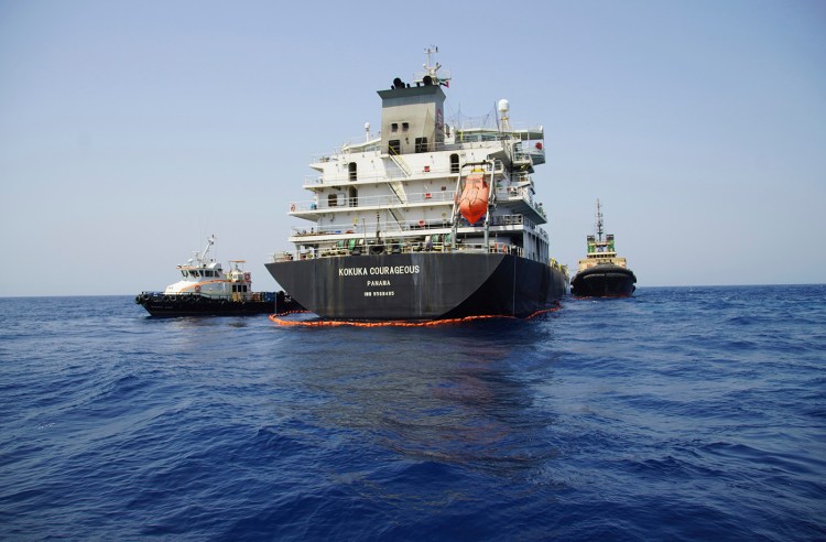 The Panama-flagged, Japanese owned oil tanker Kokuka Courageous anchored off Fujairah, United Arab Emirates, during a trip organized by the Navy for journalists on June 19.