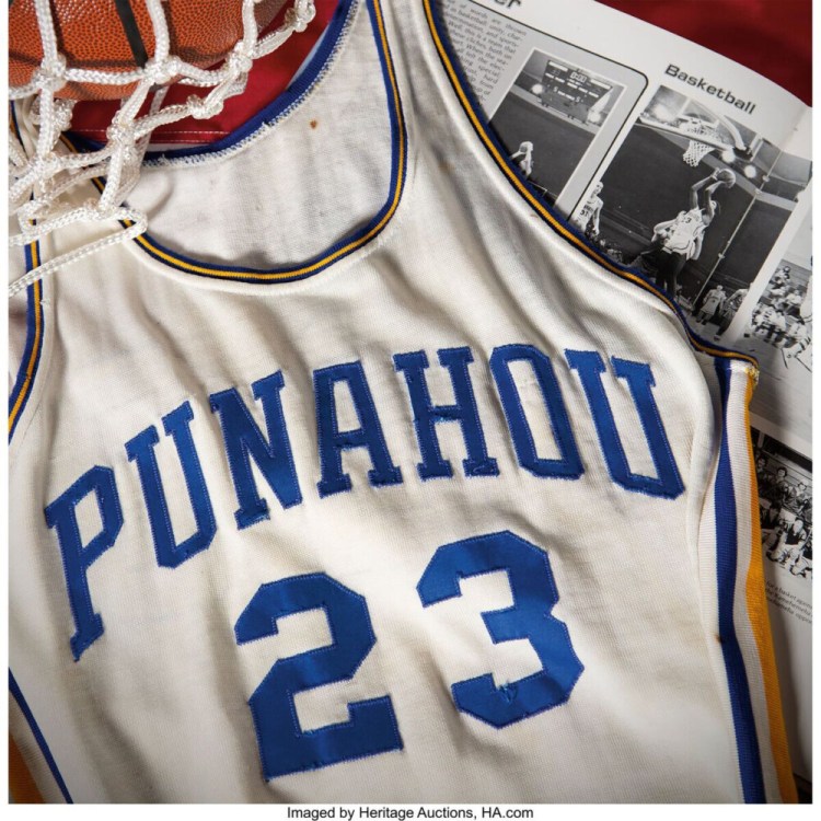A high school jersey worn by Barack Obama when he played for Honolulu's Punahou High School varsity basketball team during its 1978-79 state championship is for sale by Heritage Auctions.