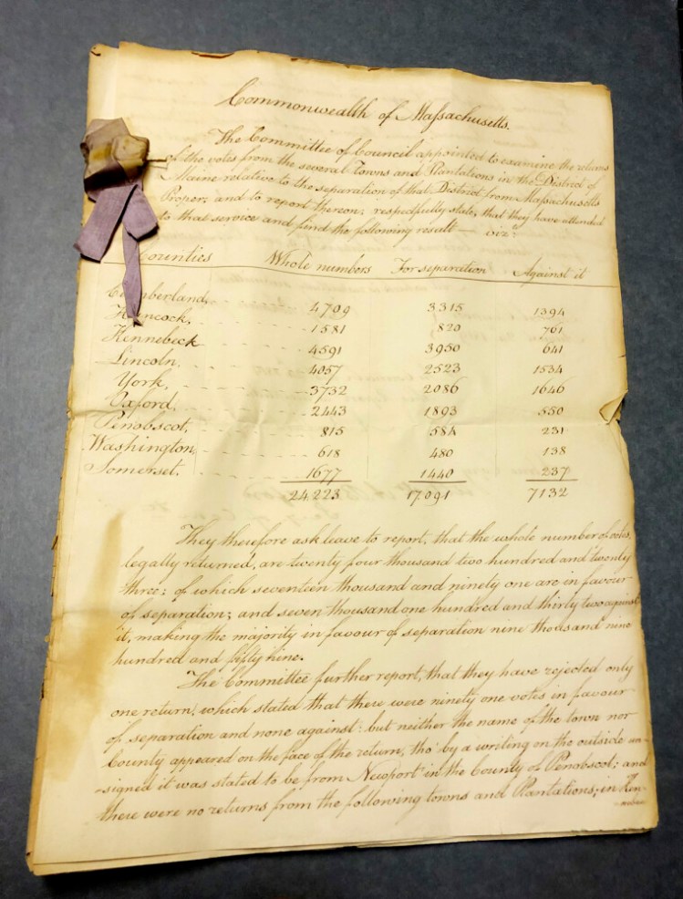 An original copy of the “committee report” that shows the statewide vote and the breakdowns by county for separating Maine from the Commonwealth of Massachusetts.