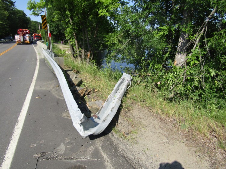 A bent guardrail near the Litchfield/West Gardiner line gives evidence of a crash that sent a 2005 Pontiac G6 and its driver into Cobbosseecontee Stream.