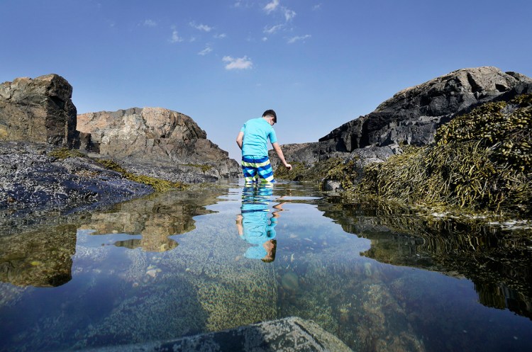 Nolan Byron, 12, wades through a tidal pool on Narraganset Point near Kennebunk Beach in 2017.