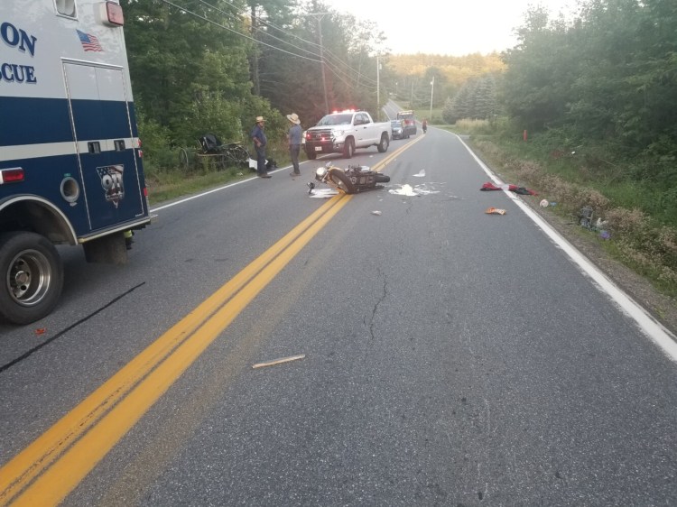 A driver on a motorcycle traveling west on Route 32 in Jefferson struck a horse-drawn carriage Wednesday. The motorcyclist is in serious condition at Maine Medical Center in Portland. 