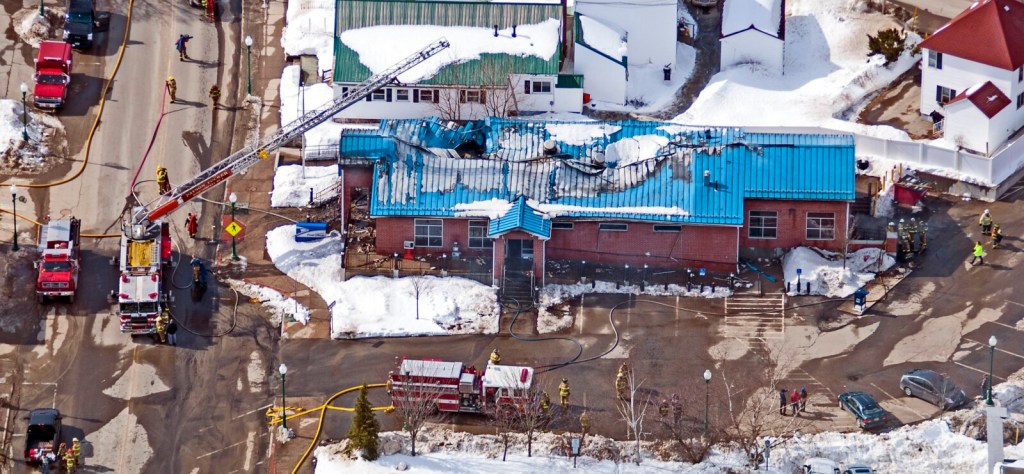 This aerial photo shows the fire damage on Feb. 21, 2017, at U.S. Post Office in Winthrop.