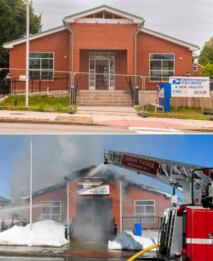 The top photo, taken Aug. 13, shows the new post office building that will replace the one that burned down on Feb. 21, 2017, seen in bottom photo on Main Street in Winthrop. 