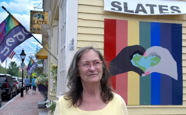 Wendy Larson, at her Hallowell restaurant Slates, on Thursday. The lifelong advocate for civil rights and equality has been responding to an online backlash from social media posts accusing her of sympathizing with Nazis.