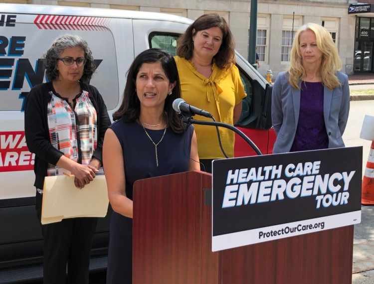 Maine House Speaker Sara Gideon speaks Monday at an event in Portland that highlighted the Trump administration's efforts to repeal the Affordable Care Act. 