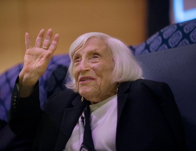 Marthe Cohn, a 99-year-old author, former spy and Holocaust survivor, who wrote about her experiences in the book "Behind Enemy Lines," tells her story Wednesday at the University of Southern Maine's Hannaford Hall.
