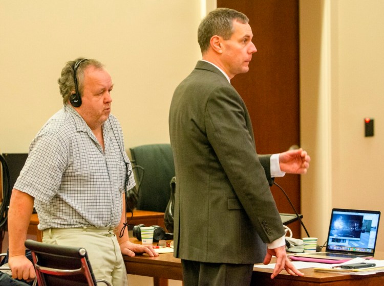 Andrew Bilodeau, left, and his attorney Kevin Sullivan during opening statements of a jury trial on Dec. 12, 2018, at Capital Judicial Center in Augusta.