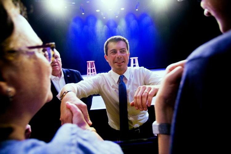 Pete Buttigieg greets supporters after speaking during his fundraiser Aug. 22 night at Portland's State Theater.