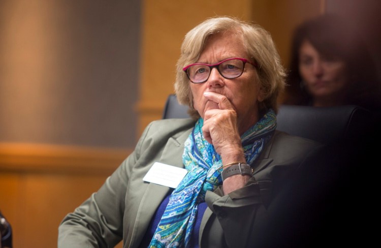 Rep. Chellie Pingree listens as local organization leaders talk at a roundtable discussion about food waste reduction practices at Hannaford corporate headquarters in 2019.
