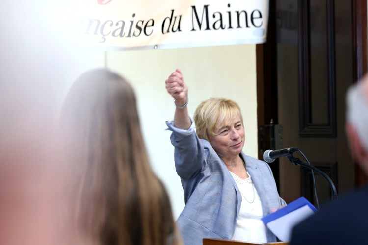 Gov. Janet Mills speaks during the launch of Alliance Francaise du Maine at the U.S. Custom House in Portland on Thursday night.