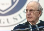George Mitchell gives the commencement address during the University of Maine at Augusta graduation on May 12, 2018.