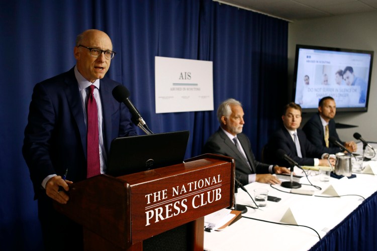 Stewart Eisenberg, an attorney with the legal team of Abused in Scouting, speaks at a news conference held to announce that the team has identified more than 300 alleged child sex abusers in the Boy Scouts of America, Tuesday, at the National Press Club in Washington.