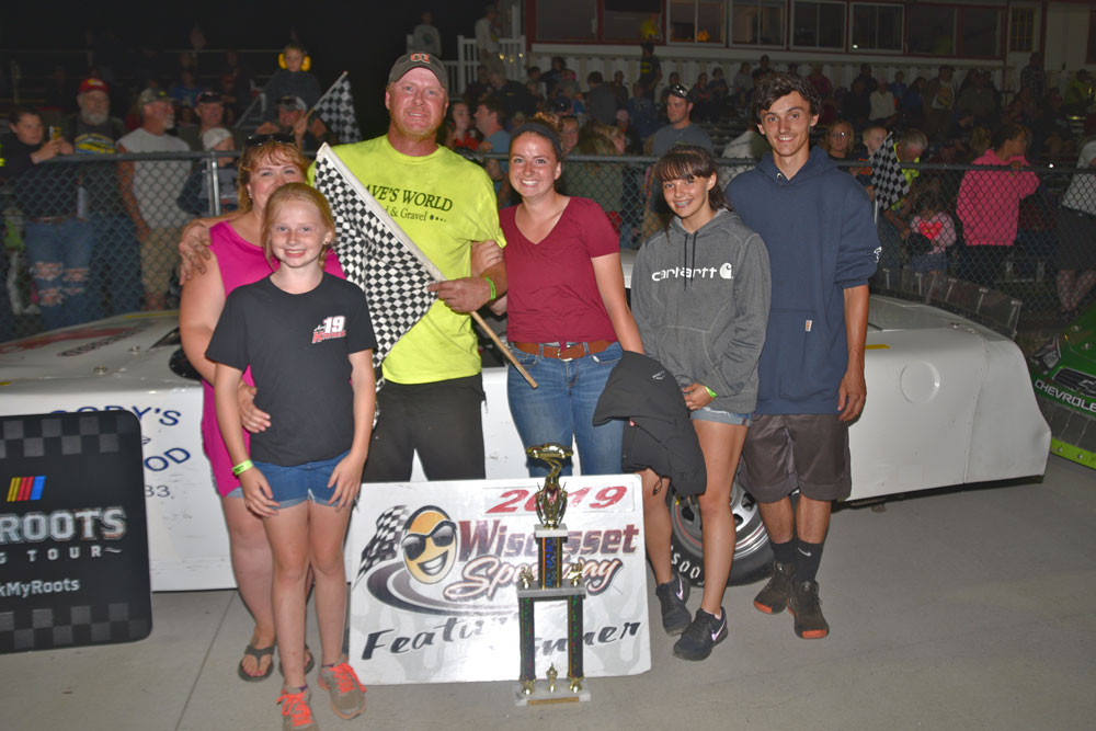 Dan Trask, center, celebrates his Super Street victory at Wiscasset Speedway last Saturday night. The win was Trask's first since 2015.