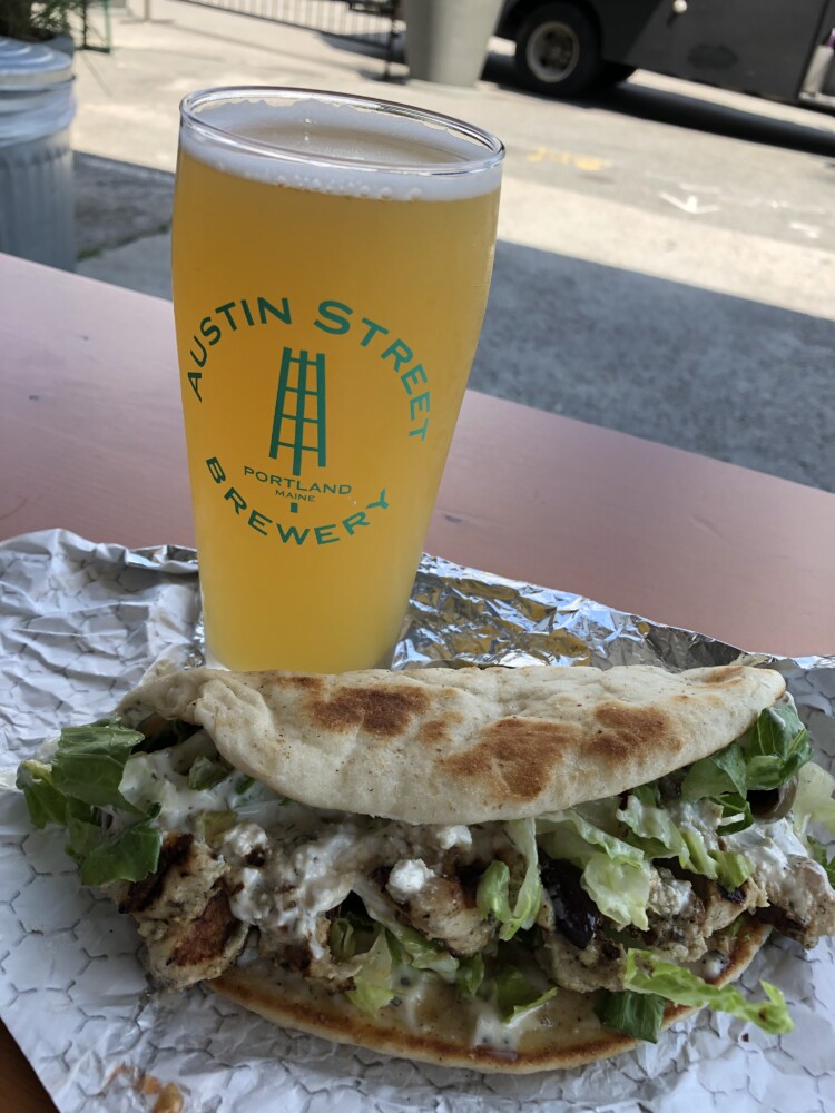 Gyro with chicken from The Greeks of Peaks food truck, along with a Patina pale ale from Austin Street Brewery. 