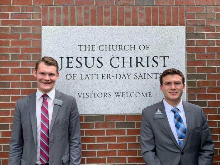 Elder Caleb Steenson, left, and Elder Noah Hunter, missionaries assigned to the Winthrop, Readfield, Leeds, Livermore Falls, Wayne, Wales, Litchfield and Monmouth areas.