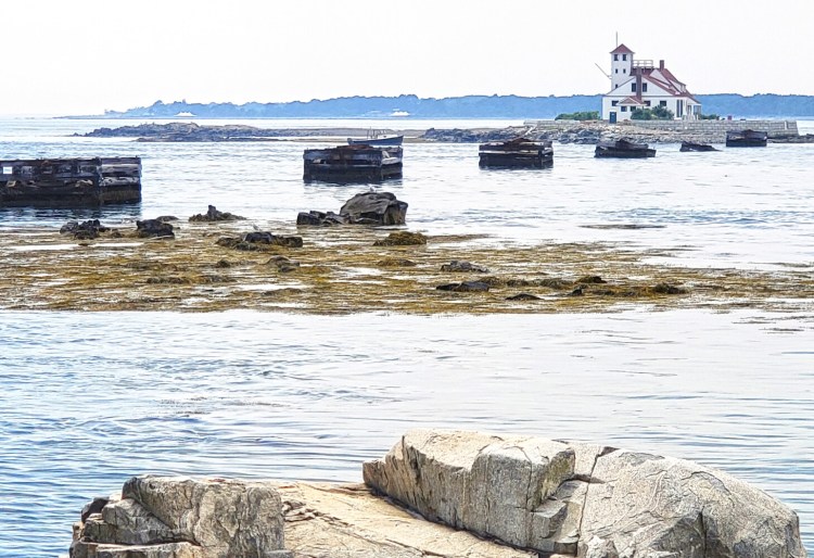 The view from Pier Beach South at Fort Foster at Kittery includes Wood Island Lifesaving Station.