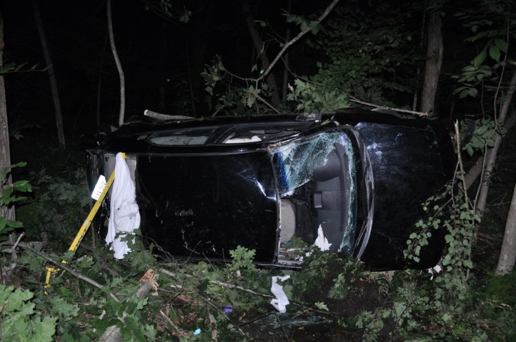Police say this Kia Forte driven by Hunter Penley of North Berwick hit several trees on S-Curve Road in Springvale before rolling onto its side Saturday night. Penley and his passenger, Dean Towne of Acton, were treated and released at Maine Medical Center.