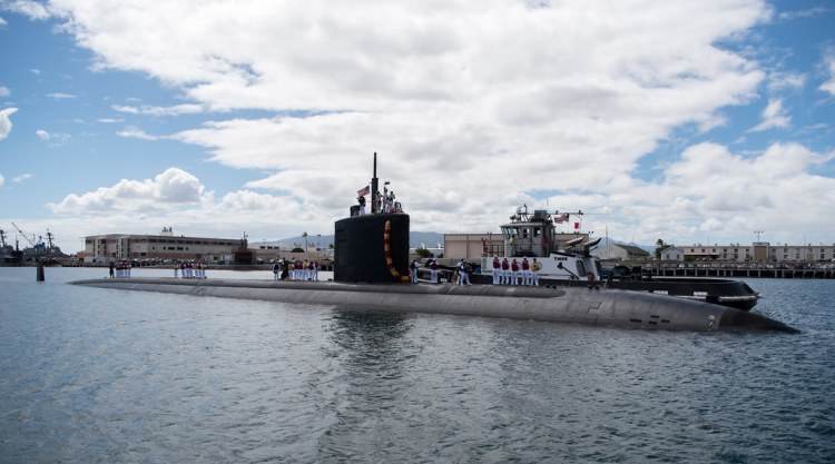 The Los Angeles-class attack submarine USS Santa Fe, shown at Pearl Harbor in August 2017, is at the Portsmouth Naval Shipyard for maintenance.