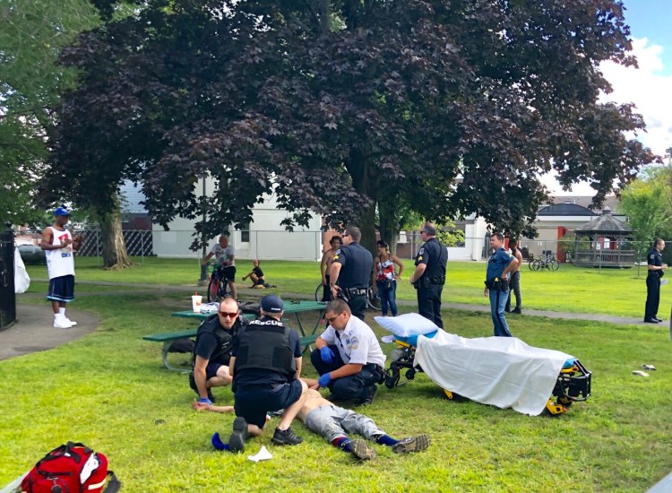 Waterville police and state troopers converged on Veterans Memorial Park Thursday afternoon when someone reported a man was stabbed after he threatened a group of people with several knives and screwdrivers. The man apparently suffered a stab wound in the area under his right armpit.