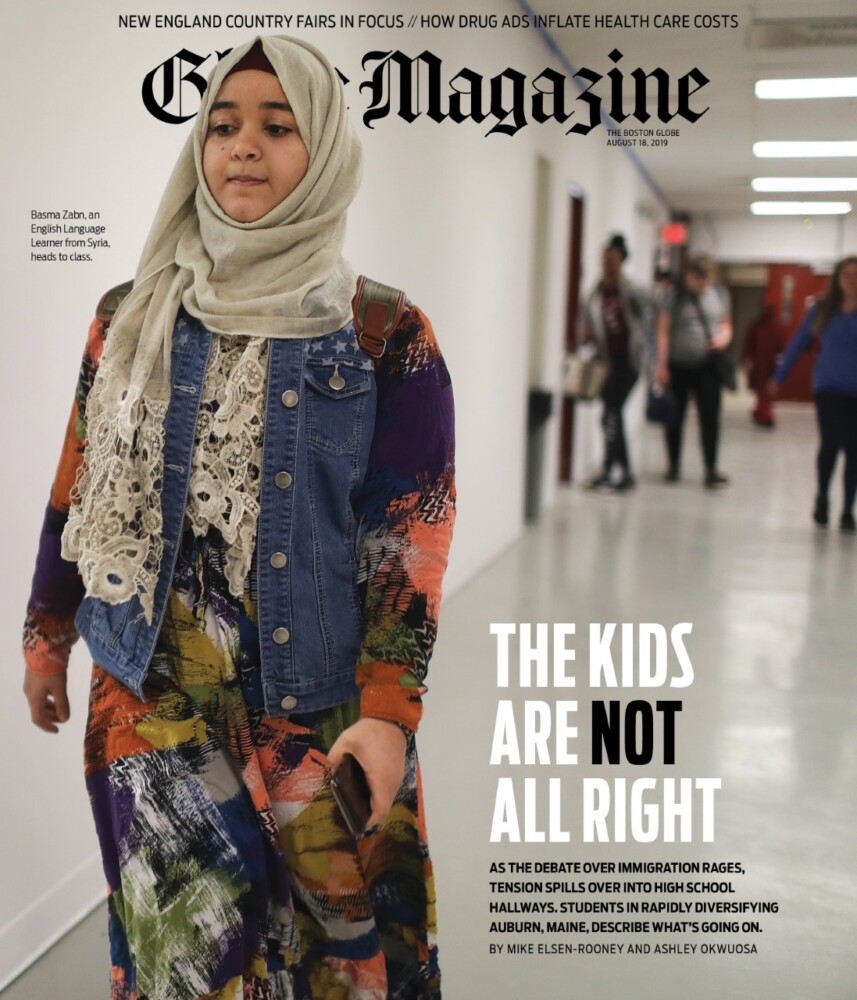 The cover of Sunday's Boston Globe Magazine featuring a photograph by the Globe's Pat Greenhouse at Edward Little High School.