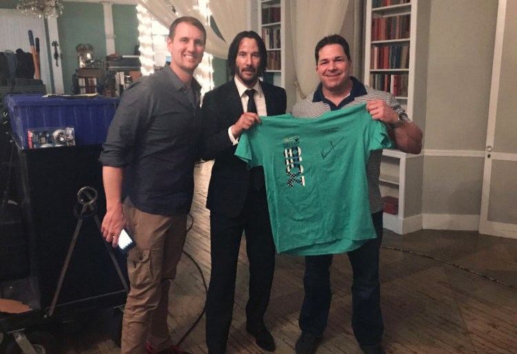 Jim Klock, Keanu Reeves and David Decatur pose together on the set of "John Wick: Chapter 3 - Parabellum." 