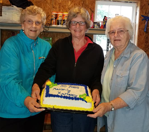Members of the Maine-ly Harmony women’s barbershop chorus celebrated 30 years of harmonizing and friendship on Aug. 21 at the home of member Dee Dumais in Auburn.
Thirty-year members, from left are Donna Ryder, director Kathy Greason, and Gerry Dostie.