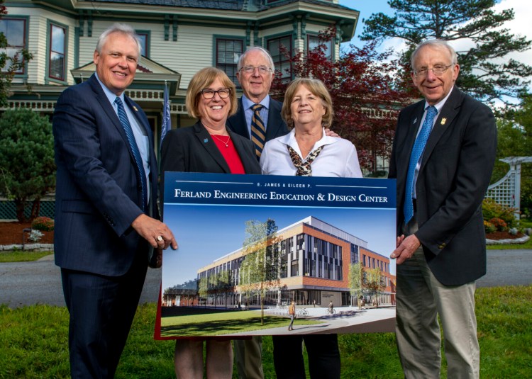 The new Engineering Education and Design Center at the University of Maine will be named for Skowhegan natives E. James “Jim” Ferland and Eileen P. Ferland, whose $10 million investment will help construct the facility. On hand for Thursday's announcement at the university were, from left, University of Maine Foundation president and CEO Jeffery Mills; UMaine President Joan Ferrini-Mundy; Jim and Eileen Ferland; and UMaine College of Engineering Dean Dana Humphrey.