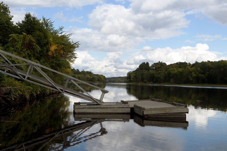 The tie-up on the Kennebec River in Hallowell is seen on Tuesday at the boat launch. A planned redesign of the launch has been postponed until next year after bids came back more expensive than officials had budgeted. 