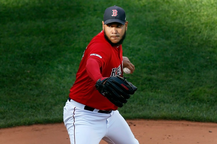 Eduardo Rodriguez left with the lead after pitching seven innings, but was not able to get his 20th win when the Boston bullpen allowed Baltimore to tie it in the eighth on Sunday in Boston. 