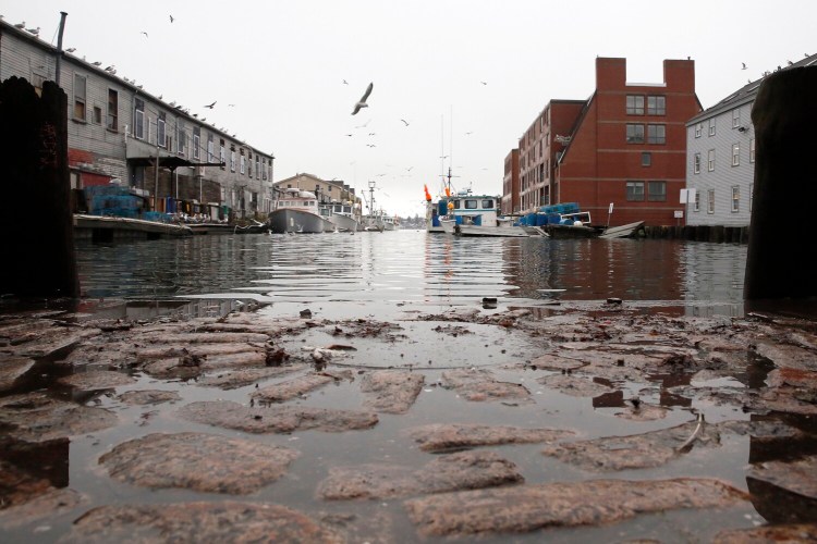 The cobblestones between the Custom House Wharf and Portland Pier were nearly covered at high tide after a storm in November 2018. City planners are proposing to reward developers who take sea level rise into account when they build in flood-prone areas of the city.