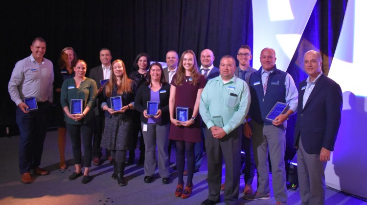 Camden National Bank employees recently received annual recognition awards. The are, from left, Chad Daley, Gretchen Williams, Nychole Hare, Craig Day, Penelope Dougherty, Lauren Epstein, Carrie Bishop, Brent Vicnaire, Elise Wallace, Zachary Short, Dan Swindler, Luke Dean, Mark O’Donal and  Greg Dufour (President & CEO).