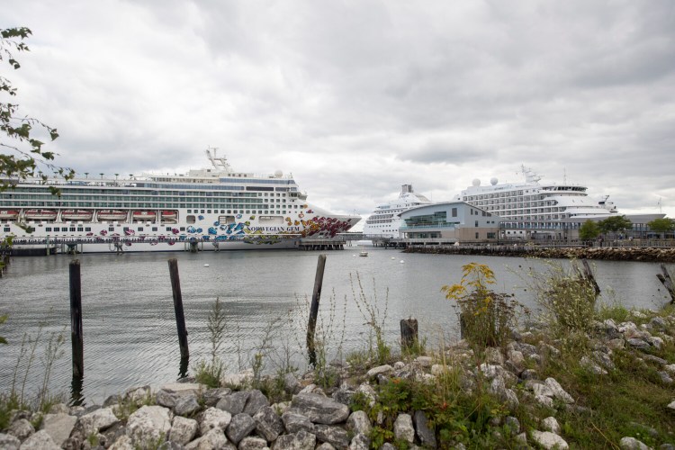 Cruise ships are docked in Portland Harbor on Sept. 7, 2019. 