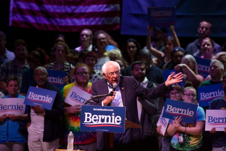 Sen. Bernie Sanders speaks Sunday night at a rally at the State Theatre in Portland.