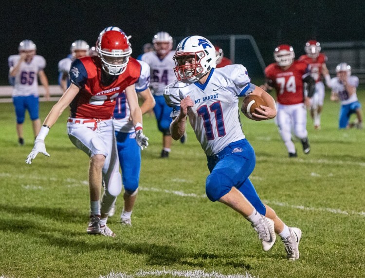 Mt. Ararat's Holden Brannan finds room to run during an eight-man game Friday against Gray-New Gloucester. Brannan rushed for 214 yards and scored four touchdowns in a 56-28 victory.