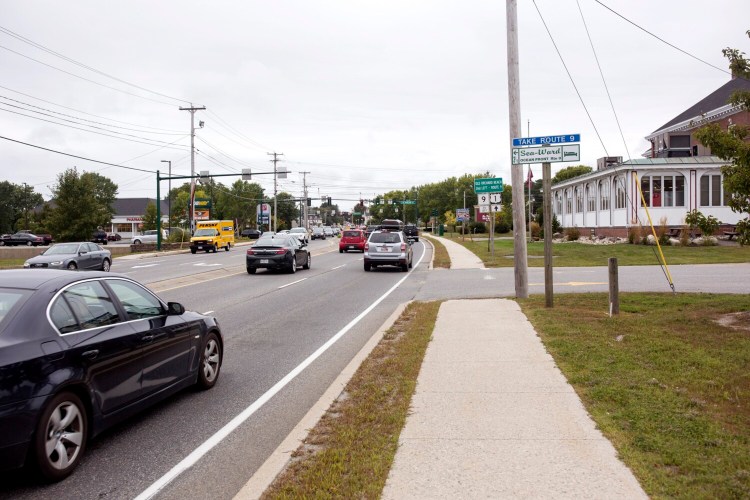 The stretch of Route 1 near On the Vine Marketplace, at right, where Kathleen Kirsch, 63, of Scarborough was hit by a car on her bike on Sept. 13.