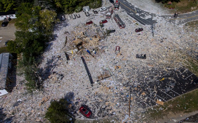 An aerial view of the devastation after the explosion Sept. 16, 2019, in Farmington.