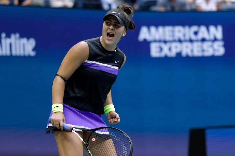 Bianca Andreescu celebrates during her 6-3, 7-5 win over Serena Williams in the U.S. Open women's final on Saturday in New York.