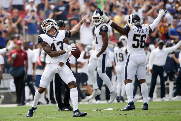 Rams strong safety John Johnson celebrates after an inception during Los Angeles' 27-9 win over the New Orleans Saints on Sunday in Los Angeles. 