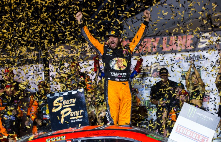 Martin Truex Jr. celebrates after winning  the first race of the NASCAR Cup Series playoffs on Sunday in Las Vegas.
