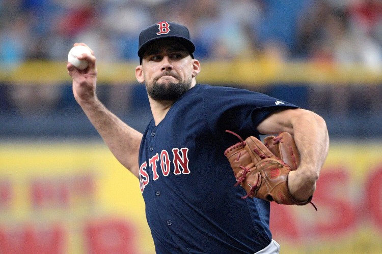 Nathan Eovaldi allowed three runs on seven hits to earn his first win as a starter since last Sept. 24 as Boston won at Tampa Bay, 7-4, on Sunday.