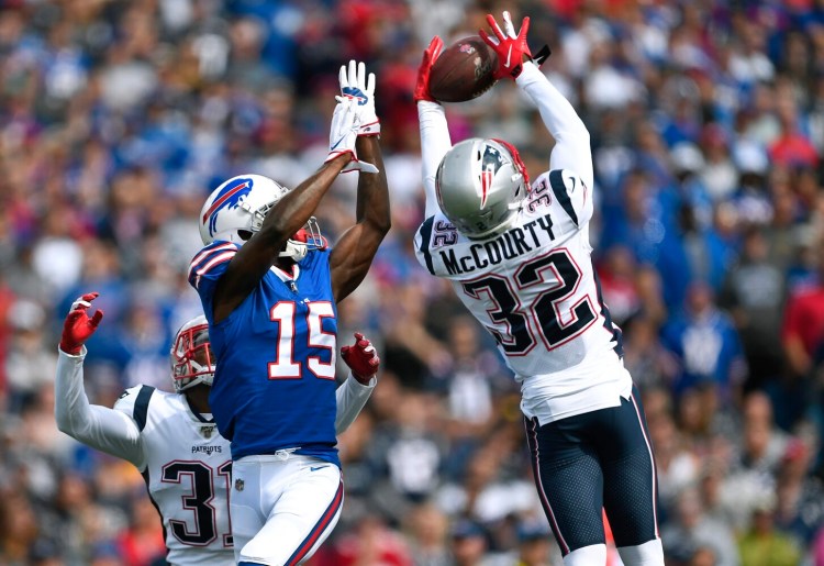 New England Patriots safety Devin McCourty  intercepted a pass intended for Buffalo Bills wide receiver John Brown  in the first half of the Patriots' 16-10 win Sunday in Orchard Park, N.Y.