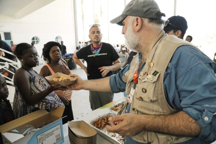 Chef Jose Andres distributes food at the Marsh Harbour Government Complex in Abaco, Bahamas, in the wake of Hurricane Dorian on Sept. 6, 2019. Andres, who has two James Beard Awards and nearly three dozen restaurants, founded the nonprofit World Central Kitchen in 2010 to respond quickly with food and water distribution after natural disasters and other emergencies around the globe. 