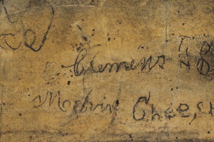 In this Aug. 6, 2019 photo provided by David Leaning Samuel Clemens' signature is seen inside the Mark Twain Cave in Hannibal, Mo., Clemens' boyhood home. Experts say it is almost certainly an authentic signature made by Clemens during his youth in Hannibal. 