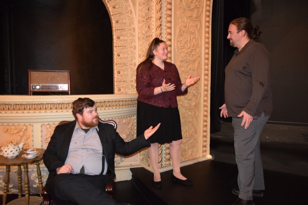 From left are Shane Stevens, Ashleigh Dunham and Patrick Hamlin in a scene from "The Mousetrap."