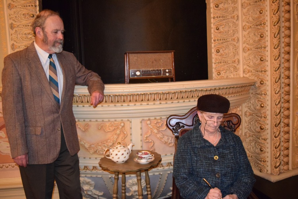 Andy Tolman, left, and Ginger Smith in a scene from "The Mousetrap."